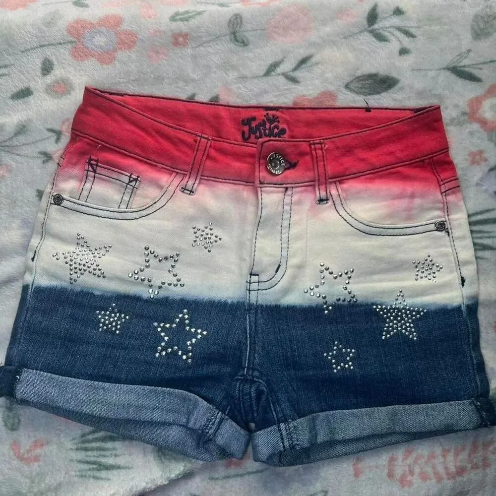Justice Patriotic Red White Blue Ombre Denim Shorts 12S Rhinestones Y2K Kidcore